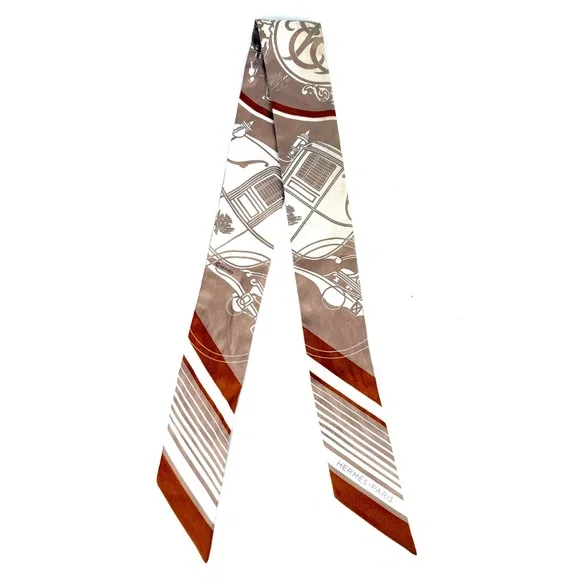 Hermes Ex Libris Horse Carriage Print Beige White Caramel Silk Twilly Scarf - Picture 5 of 13